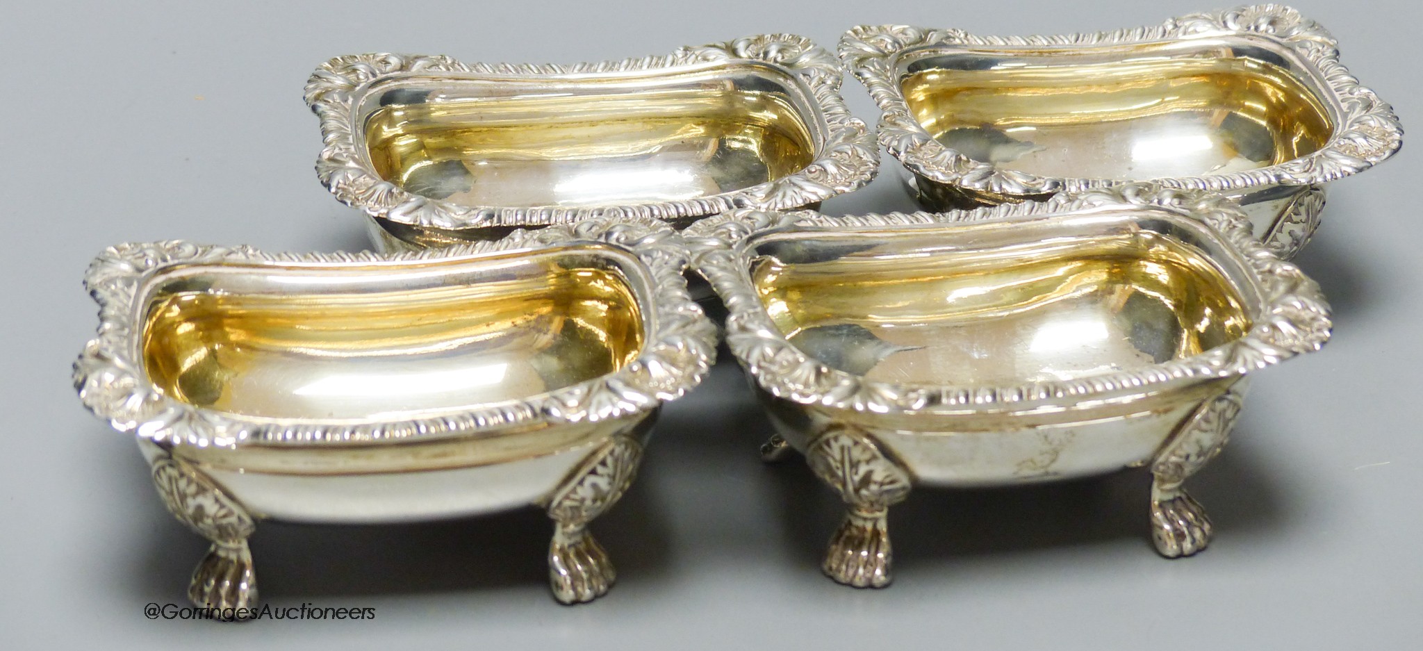 A set of four late George III silver rectangular salts, Joseph Angell I London, 1818/9, 9.8cm, 17.5oz.